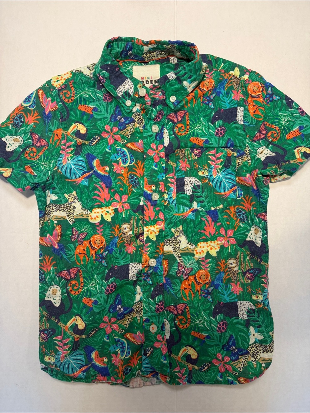 Mini Boden Tropical Rainforest Button Up Shirt 7-8 Sloth Monkey Snakes Bug